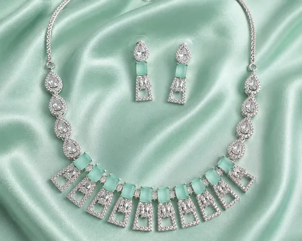 Mint_Green_Silver_Tone_Brass_Geometric_Necklace_Set_For_Women