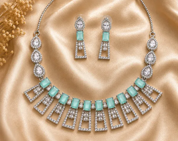 Mint_Green_Silver_Tone_Brass_Geometric_Necklace_Set_For_Women