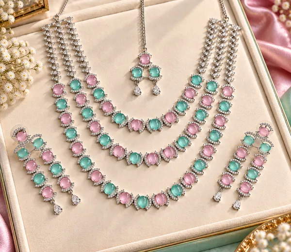 Silver_Brass_Pink_Turquoise_Stone_Layered_Necklace_Set_For_Women