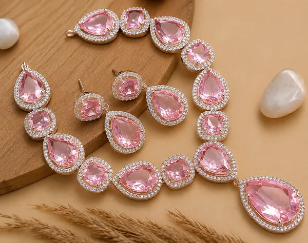 Pink_Brass_Teardrop_Stone_Necklace_And_Earrings_Set_For_Women