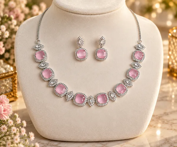 Silver_Pink_Brass_Stone_Necklace_And_Earrings_Set_For_Women