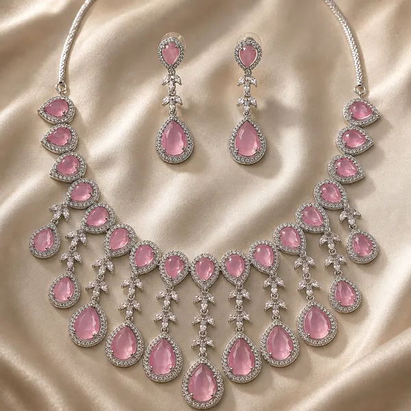 Pink_Teardrop_Stone_Statement_Brass_Necklace_Set_For_Women