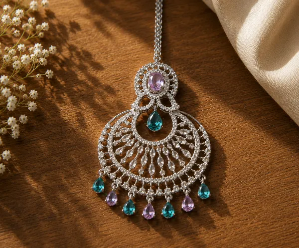 Silver_Brass_Multicolour_Stone_Round_Maang_Tikka_For_Women