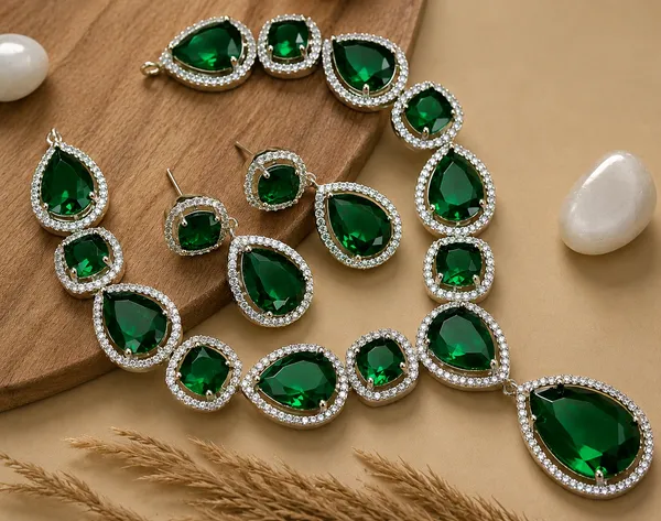 Silver_Tone_Green_Stone_Necklace_And_Earrings_Set_For_Women