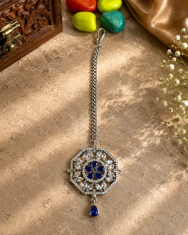 Silver_Tone_Blue_Floral_Stone_Chain_Brooch_For_Women