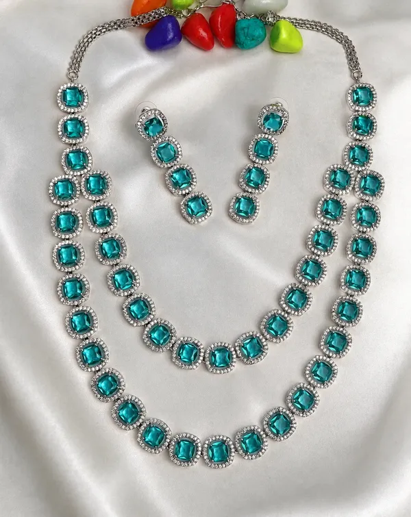 Teal_Brass_Square_Stone_Necklace_Earrings_Set_For_Women