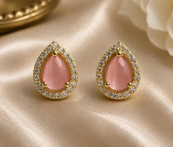 Pink_Brass_Gold_Tone_Teardrop_Stone_Stud_Earrings_For_Women
