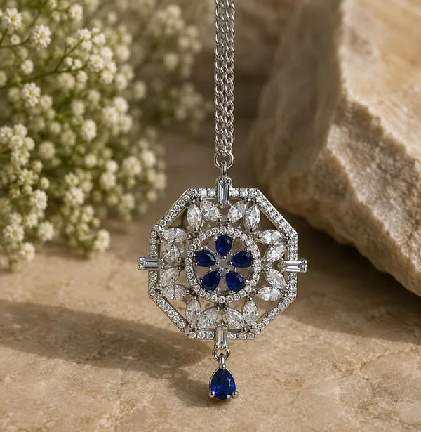Silver_Tone_Blue_Floral_Stone_Chain_Brooch_For_Women