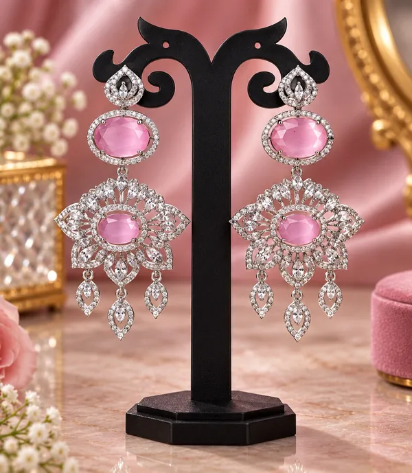 Pink_Brass_Silver_Tone_Stone_Chandelier_Earrings_For_Women