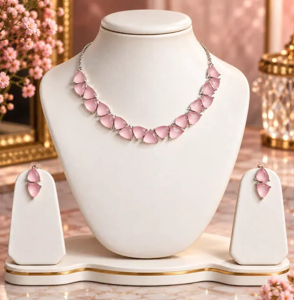 Pink_Faceted_Stone_Brass_Necklace_Set_For_Women