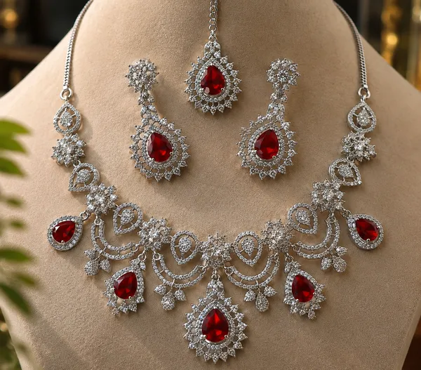 Silver_Red_Brass_Teardrop_Stone_Necklace_And_Earrings_Set_For_Women