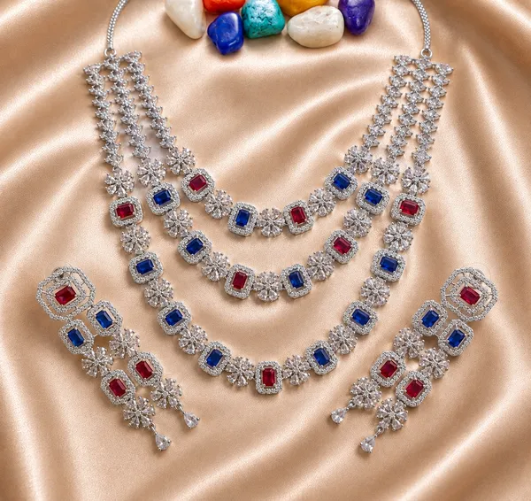 Silver_Tone_Red_Blue_Stone_Layered_Necklace_Set_For_Women