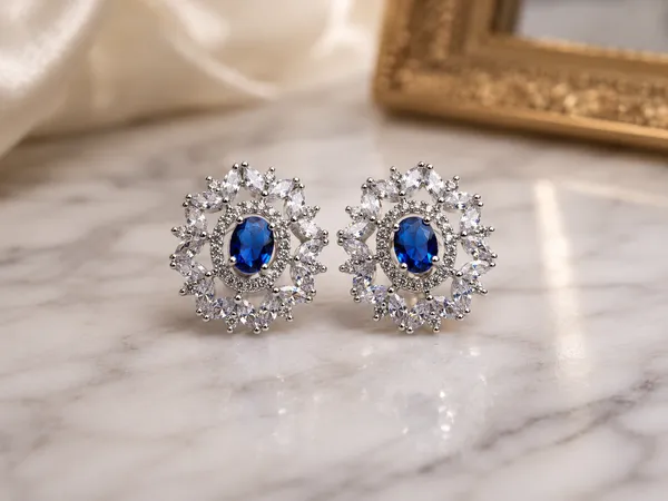 Blue_Brass_Oval_Stone_Floral_Stud_Earrings_For_Women