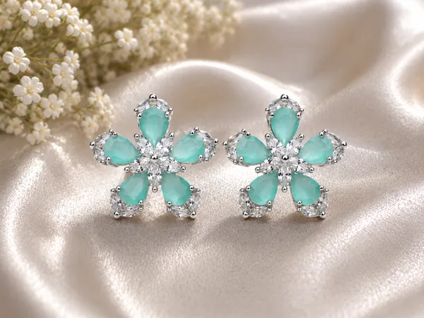 Aqua_Brass_Silver_Tone_Floral_Stud_Earrings_For_Women
