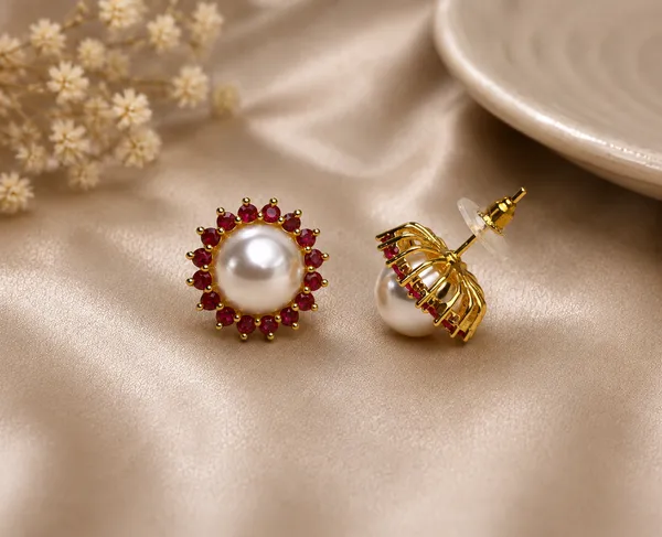 Gold_Tone_Pearl_Red_Stone_Halo_Stud_Earrings_For_Women