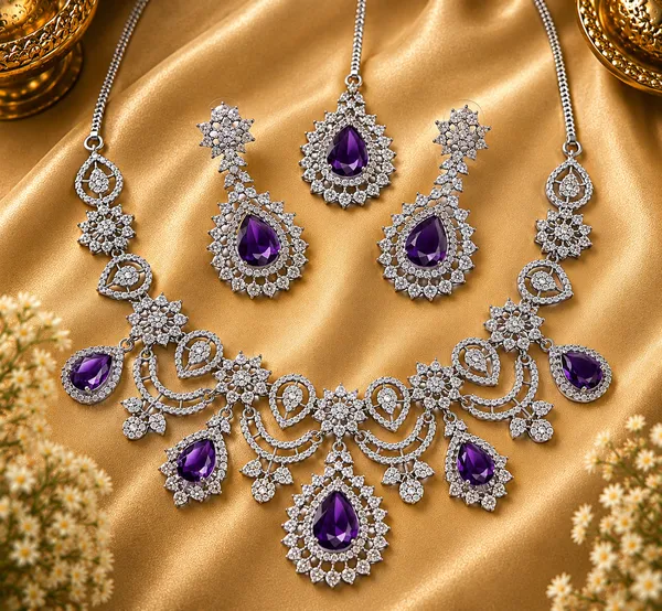 Silver_Purple_Brass_Bridal_Teardrop_Stone_Necklace_Set_For_Women