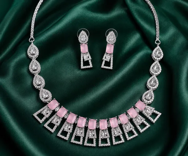 Pink_Stone_Silver_Tone_Geometric_Rectangular_Necklace_Set_For_Women