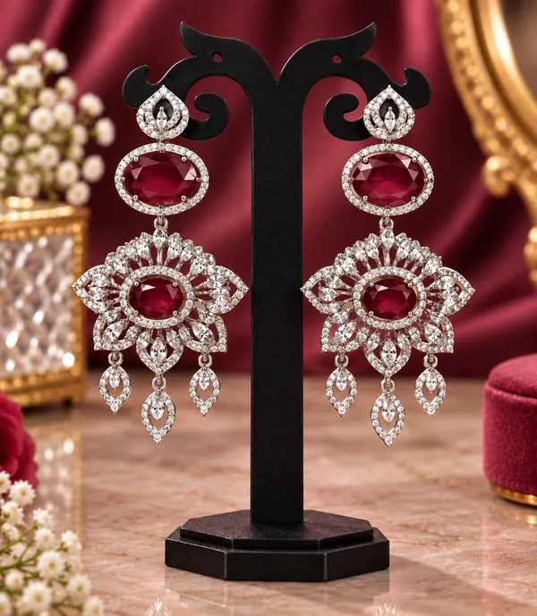 Silver_Red_Brass_Bridal_Stone_Necklace_And_Earrings_Set_For_Women