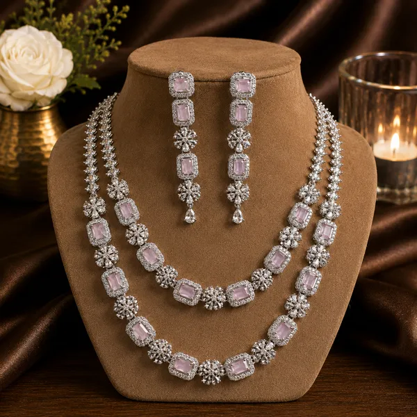 Pink_Silver_Tone_Brass_Stone_Layered_Necklace_Set_For_Women