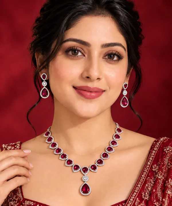 Red_Silver_Tone_Brass_Teardrop_Stone_Necklace_Set_For_Women