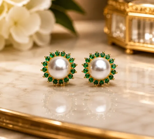 Green_Brass_Gold_Tone_Pearl_Halo_Stud_Earrings_For_Women