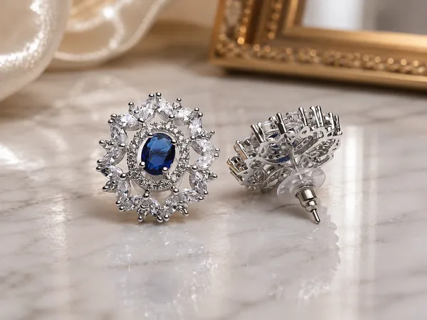 Blue_Brass_Oval_Stone_Floral_Stud_Earrings_For_Women