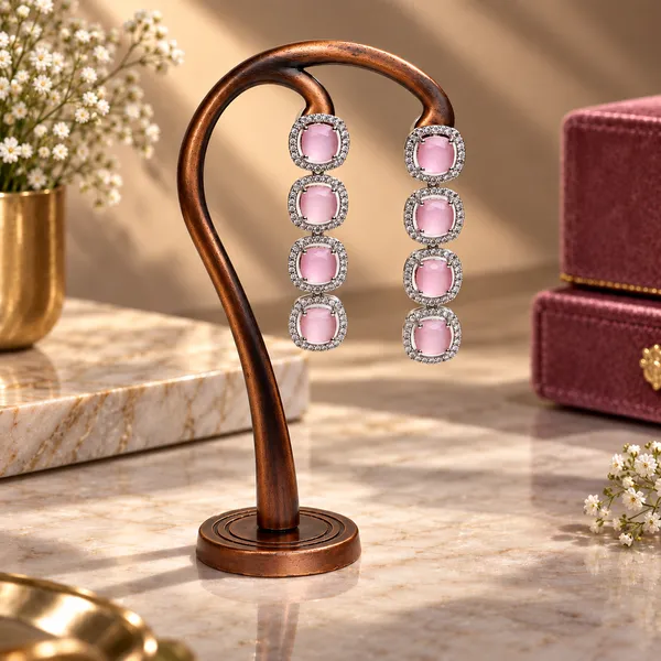 Pink_Silver_Tone_Brass_Round_Stone_Necklace_And_Earrings_Set_For_Women