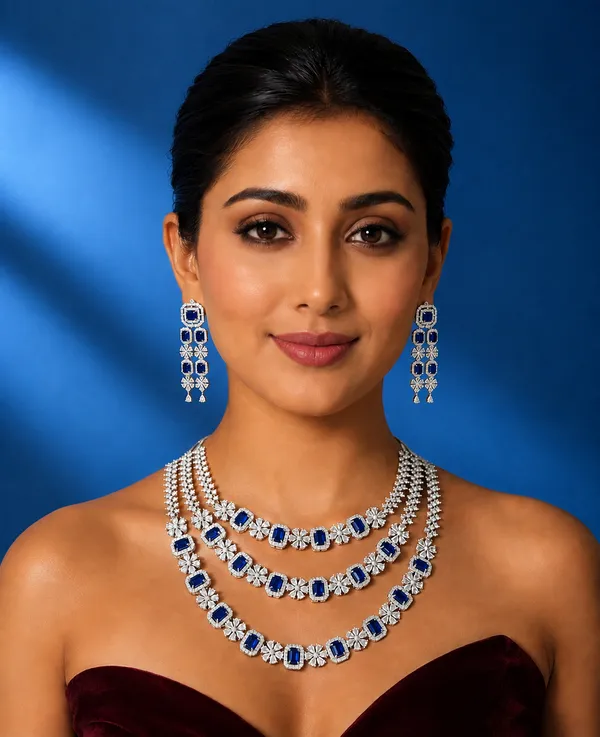 Blue_Stone_Silver_Tone_Three_Strand_Layered_Necklace_Set_For_Women