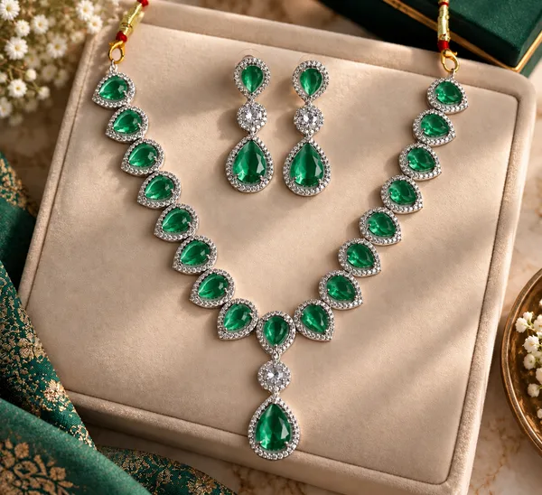 Green_Teardrop_Stone_Brass_Necklace_Set_For_Women