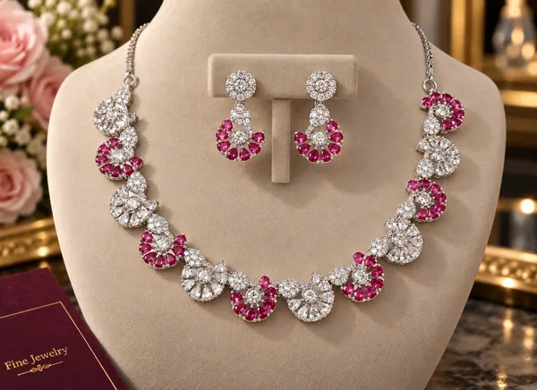 Pink_Stone_Silver_Tone_Floral_Cluster_Necklace_Set_For_Women