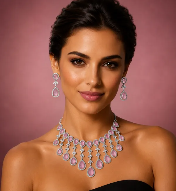 Pink_Teardrop_Stone_Statement_Brass_Necklace_Set_For_Women