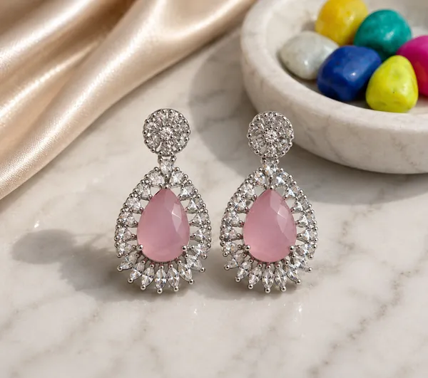 Pink_Teardrop_Stone_Halo_Drop_Earrings_For_Women