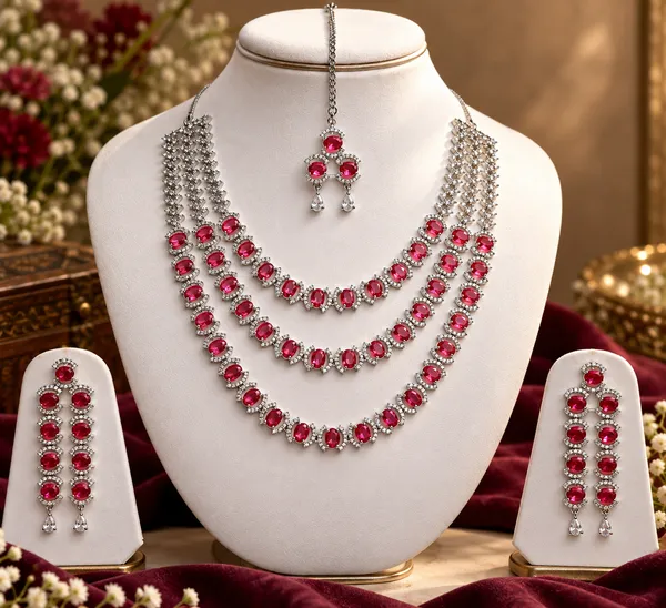Silver_Red_Brass_Necklace_Earrings_And_Maang_Tikka_Set_For_Women