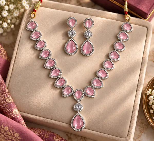 Pink_Teardrop_Stone_Linked_Brass_Necklace_Set_For_Women