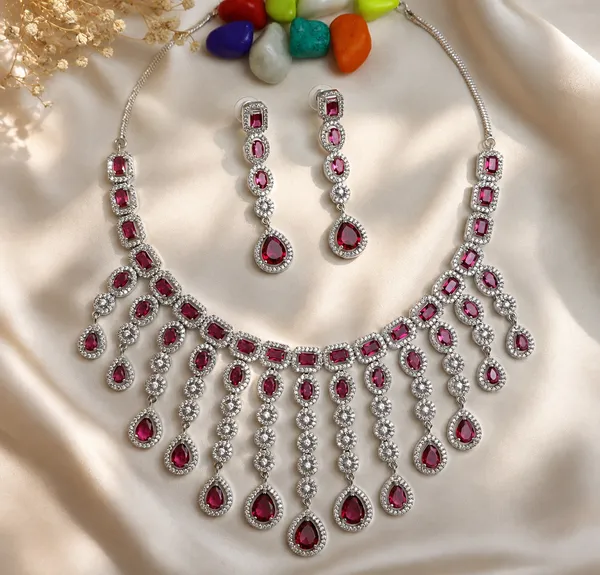 Silver_Red_Brass_Layered_Stone_Necklace_And_Earrings_Set_For_Women