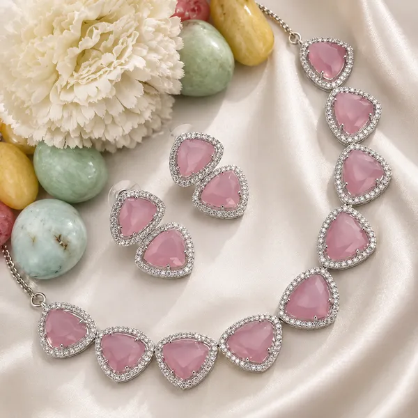 Pink_Teardrop_Stone_Silver_Tone_Brass_Necklace_Set_For_Women