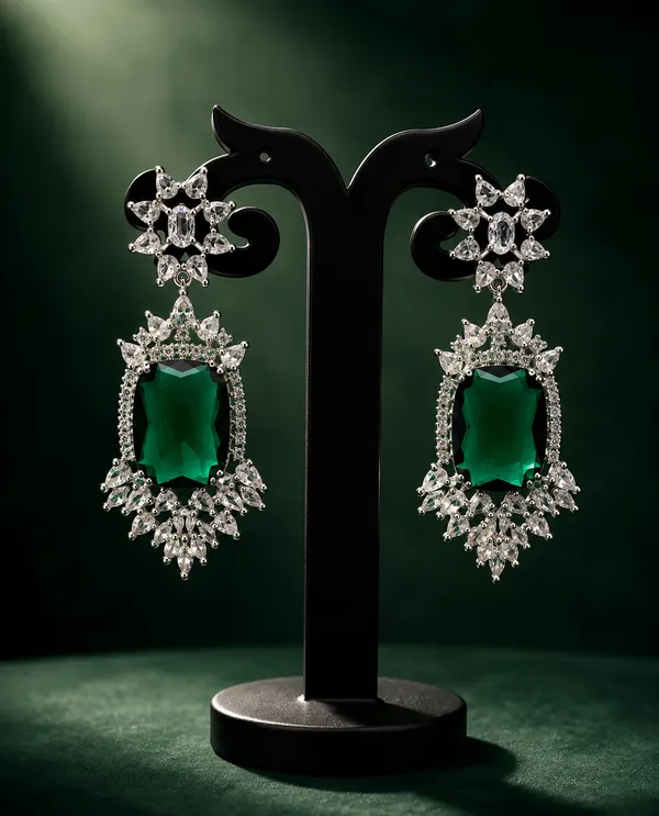 Green_Brass_Silver_Tone_Floral_Drop_Earrings_For_Women
