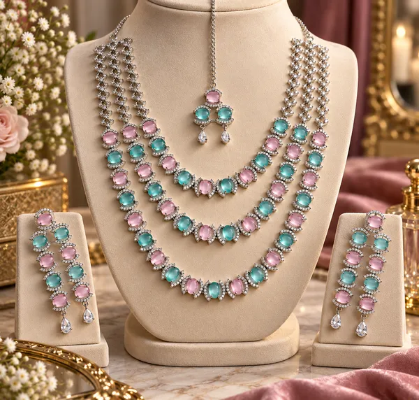 Silver_Brass_Pink_Turquoise_Stone_Layered_Necklace_Set_For_Women