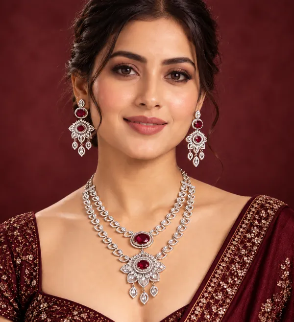 Silver_Red_Brass_Bridal_Stone_Necklace_And_Earrings_Set_For_Women