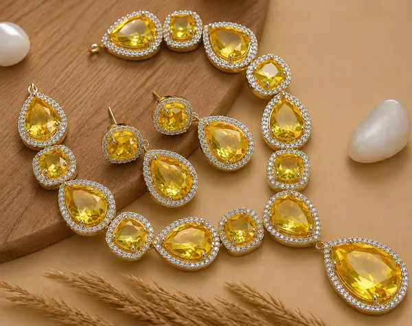 Yellow_Brass_Faceted_Teardrop_Stone_Necklace_Set_For_Women