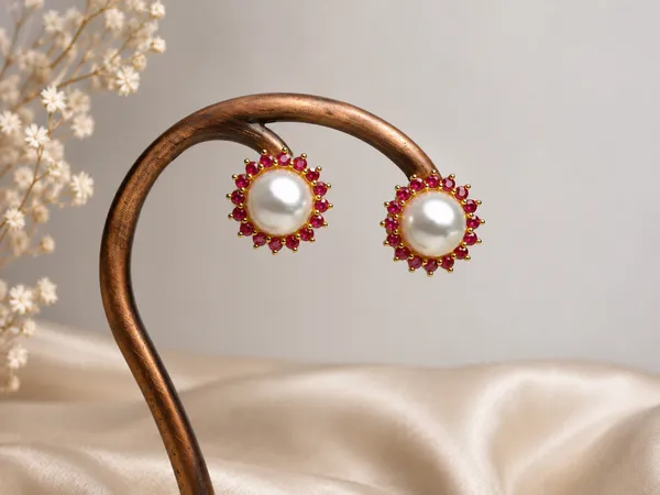 Gold_Tone_Pearl_Red_Stone_Halo_Stud_Earrings_For_Women
