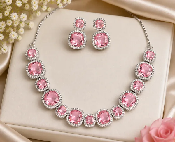 Pink_Brass_Silver_Tone_Linked_Stone_Necklace_And_Earrings_Set_For_Women
