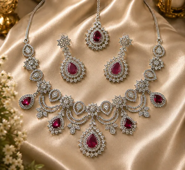 Silver_Red_Brass_Floral_Teardrop_Necklace_And_Earrings_Set_For_Women