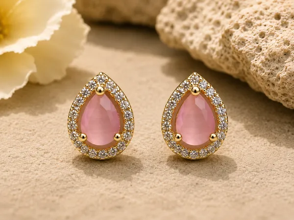 Pink_Brass_Gold_Tone_Teardrop_Stone_Stud_Earrings_For_Women