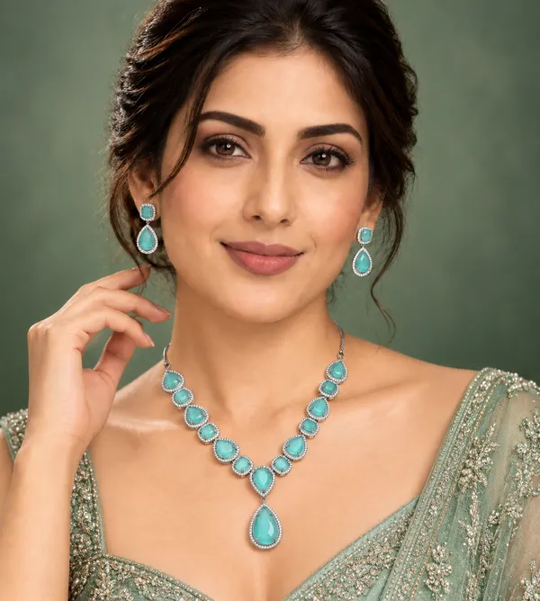 Aqua_Brass_Stone_Teardrop_Necklace_And_Earrings_Set_For_Women