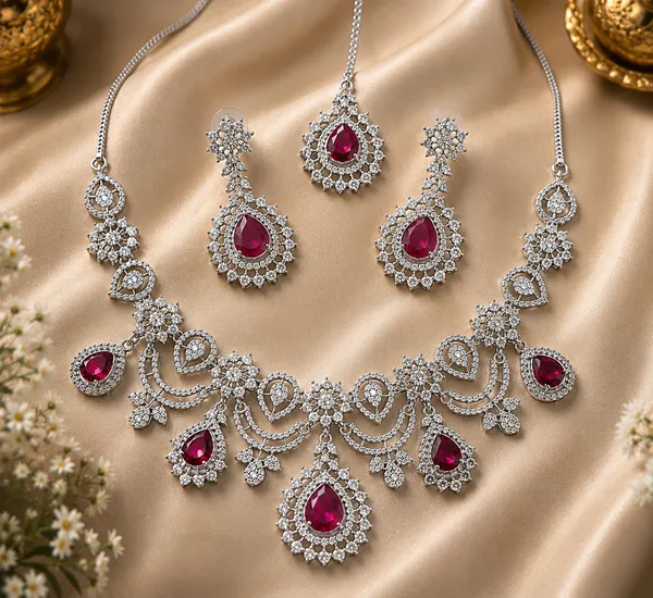 Silver_Red_Brass_Floral_Teardrop_Necklace_And_Earrings_Set_For_Women