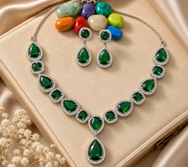 Silver_Tone_Green_Stone_Necklace_And_Earrings_Set_For_Women