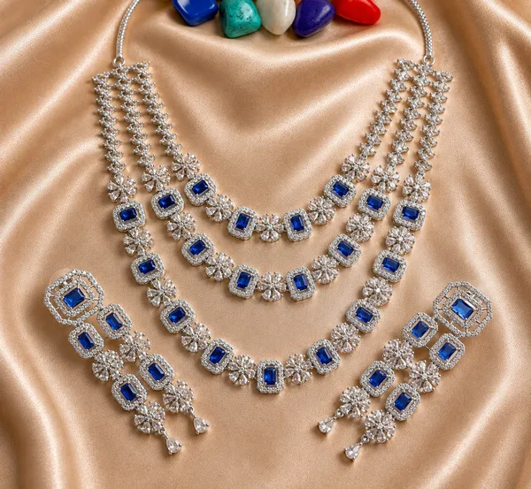Blue_Stone_Silver_Tone_Three_Strand_Layered_Necklace_Set_For_Women