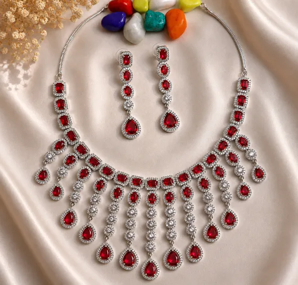 Red_Silver_Brass_Stone_Layered_Necklace_And_Earrings_Set_For_Women