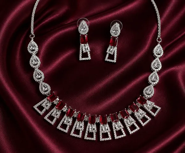 Silver_Tone_Red_Stone_Geometric_Necklace_And_Earrings_Set_For_Women